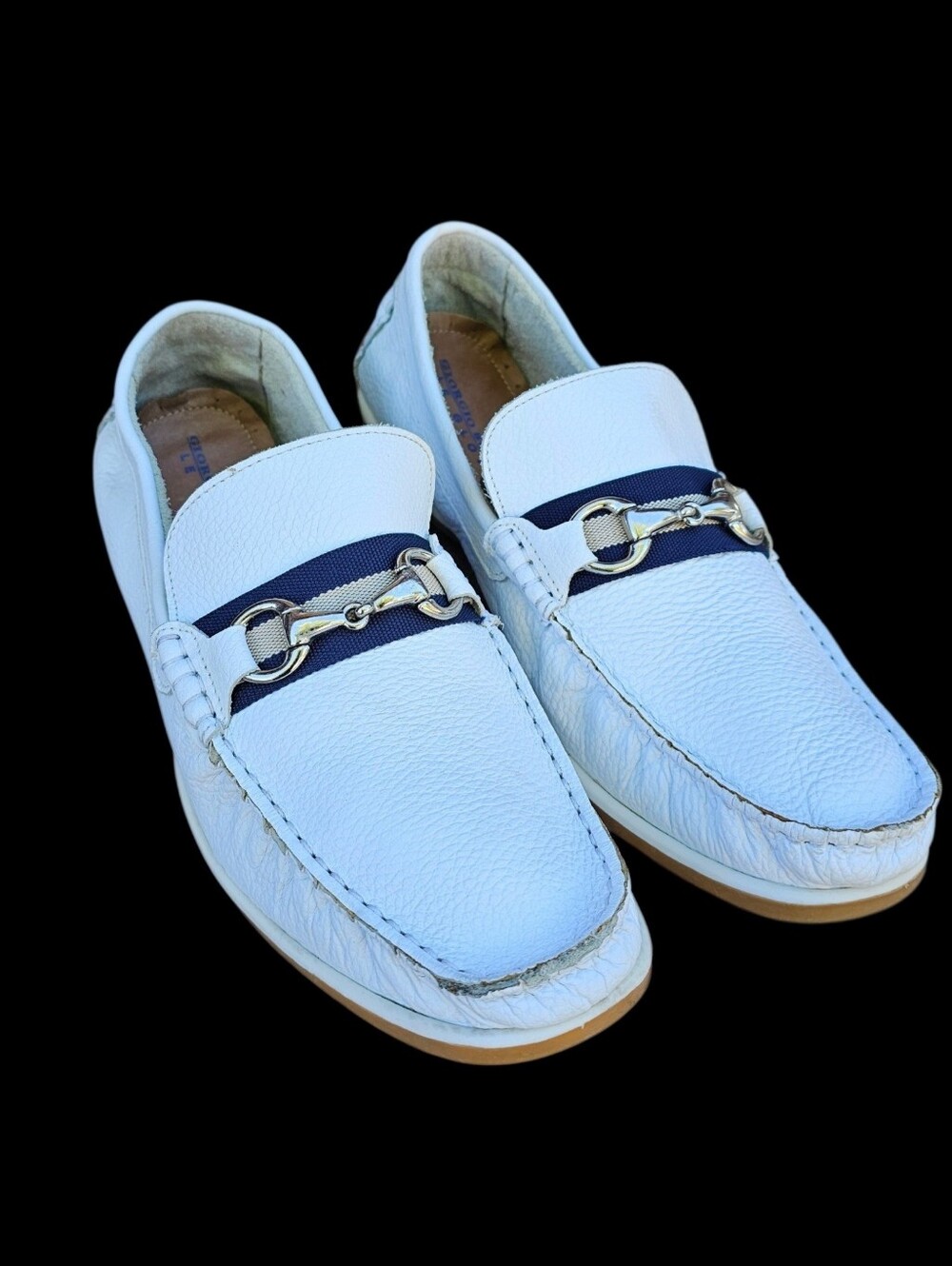Giorgio Brutini White Loafers with Navy Strap and Gold Bit